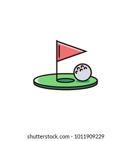 Golf hole with flag and ball - flat color line icon on isolated background. 
