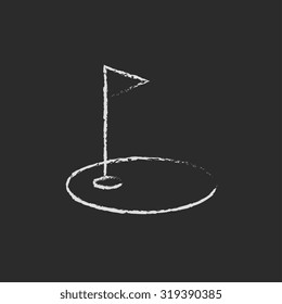 Golf hole with a flag hand drawn in chalk on a blackboard vector white icon isolated on a black background.