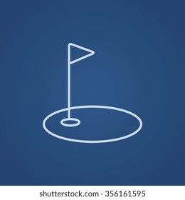 Golf hole with a flag line icon for web, mobile and infographics. Vector light blue icon isolated on blue background.