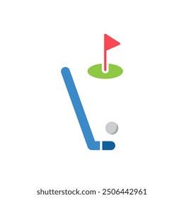 Golf hole with a flag on the ground depicting a golfer hitting a golf ball,icon isolated white background