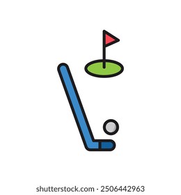 Golf hole with a flag on the ground depicting a golfer hitting a golf ball,icon isolated white background