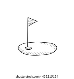 Agujero de golf con icono de esbozo de vector de bandera aislado en el fondo. Agujero de golf dibujado a mano con icono de bandera. Agujero de golf con icono de boceto de bandera para infografía, sitio web o aplicación.
