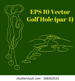 Golf Hole Map Vector, layout for your design, par 4, contour/sketch/outline of Golf Course