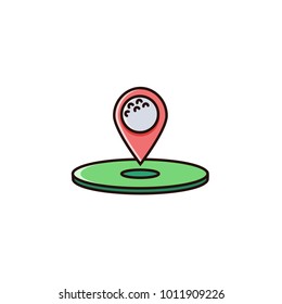 Golf hole on a field and map pointer or pin with a ball - flat color line icon on isolated background.