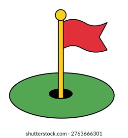 Golf hole with red flag marker on green putting surface. Golf course pin illustration. Perfect for sports, recreation, golf tournament, and game-themed designs.
