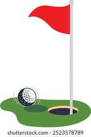 golf hole with red flag on green grass. Isolated on white background. Golf sign vector