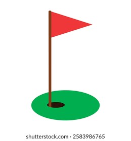 Golf hole with red flag on green grass. Sport concept. Icon of golf course with flag. Golf sign vector. Isolated on white background