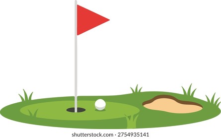 a golf hole scene with a red flag, a white golf ball near the hole, and a sand trap on the side, in a flat design style