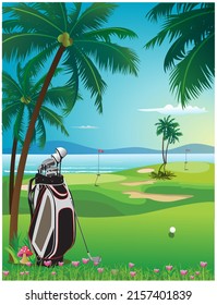 Ilustración de fondo verde vectorial de hoyo de golf con cocoteros de bandera.