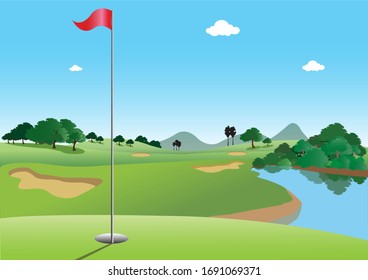 Golf hole vector green tee background illustration with flag and trees.