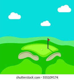 Golf hole vector green tee background illustration with flag.