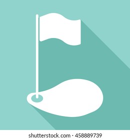 Golf hole vector icon with long shadow. White illustration isolated on green background for graphic and web design.
