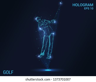 Golf hologram. A holographic projection of the golfer. Flickering energy flux of particles. The scientific design of the sport