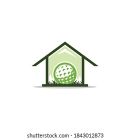 Golf house logo vector. With golf ball silhouette. Stay at home sport & hobby indoor safe activity illustration. Icon for golfer club & community favorite spot design, focus on professional training