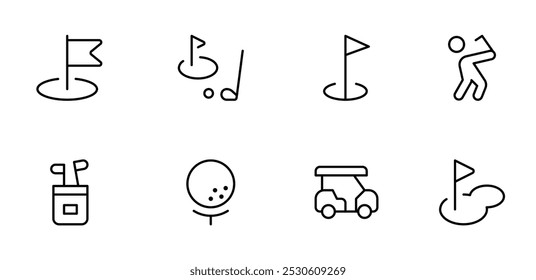 Golf icon, golf cart, golf club, sport games vector set design with Editable Stroke. Line, Solid, Flat Line, thin style and Suitable for Web Page, Mobile App, UI, UX design.