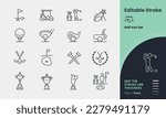 Golf Icon collection containing 16 editable stroke icons. Perfect for logos, stats and infographics. Change the thickness of the line in any vector capable app.