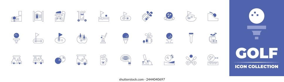 Colección de iconos de golf. Trazo de línea de estilo duotono y negrita. Ilustración vectorial. Conteniendo campo, bolsa de golf, carro, camiseta, golf, palos, conductor, pelota de golf, jugador, palo, golf.