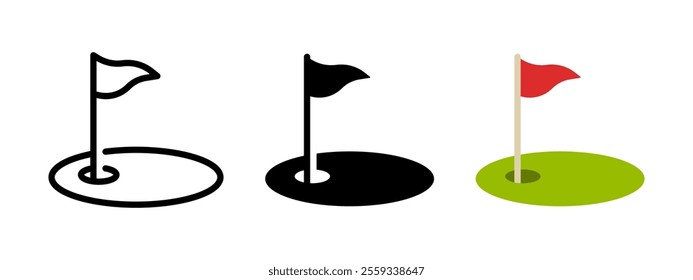 Golf icon. Golfing field with red flag vector illustration. Golfer tournament symbol. Golf court with a ball hall sign. Sport game competition pictogram. Goal isolated concept.