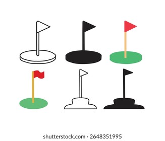 Golf icon. Golfing field with red flag vector illustration. Golfer tournament  Golf court with a ball hall sign. Sport game competition pictogram. Goal isolated concept.