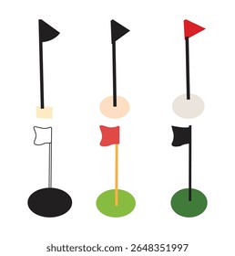 Golf icon. Golfing field with red flag vector illustration. Golfer tournament  Golf court with a ball hall sign. Sport game competition pictogram. Goal isolated concept.