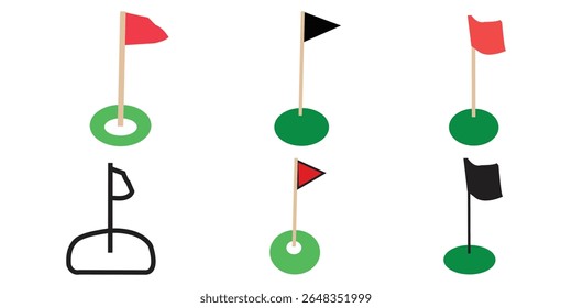 Golf icon. Golfing field with red flag vector illustration. Golfer tournament  Golf court with a ball hall sign. Sport game competition pictogram. Goal isolated concept.
