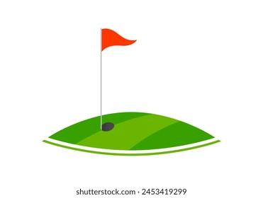 Golf icon or logo with flag on green grass and golf hole. Vector illustration.