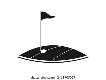 Icono de golf o logo con bandera en el césped y hoyo de golf. Ilustración vectorial.