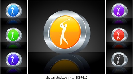 Icono de golf en botón 3D con Ilustración original de borde metálico 