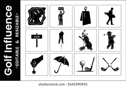 Golf Icon Set Preto E Branco Silhueta Vetor Gráficos Equipamento De Golfe E Acessórios