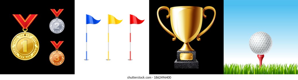 Golf icon set. Golf club, golf flag, golf ball on green grass, trophy cup and medals