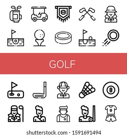golf icon set. Collection of Golf bag, Birdie, Golf cart, ball, Puck, Golfer, stick, Judo, Athlete, Shuttlecock, Billiard, Sport icons