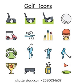 Golf icon set in color line style