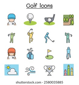 Golf icon set in color line style