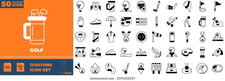 Golf icon set. Containing golf, club, ball,and more. Duotone vector icons collection.