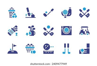 Juego de iconos de golf. Color de duotona. Ilustración vectorial. Conteniendo balde, golf, bolso, carro, palos, campo, bola, agujero, palo de golf.