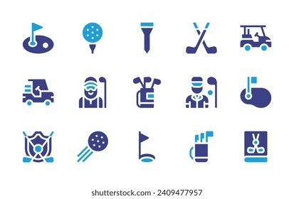 Golf icon set. Duotone color. Vector illustration. Containing golf, cart, tee, green, bag, club, lesson, sticks, ball, golfer, caddy, equipment.