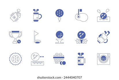 Golf icon set. Duotone style line stroke and bold. Vector illustration. Containing green, golf, trophy, golf ball, bag, hole.
