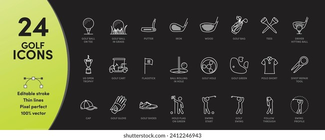 Golf Icon Set with editable stroke thickness. Perfect for logos, stats and infographics. Change the thickness of the line in any vector capable app.