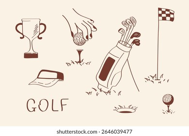 Ícone de golfe conjunto com troféu, tee-off, saco, bandeira e tipografia em estilo doodle. Ótimo para marcas de esportes, visuais infográficos, ilustrações de blog ou embalagens temáticas.
