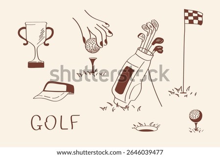 Golf icon set featuring trophy, tee-off, bag, flag and typography in doodle style. Great for sports branding, infographic visuals, blog illustrations or themed packaging.