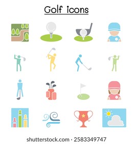 Golf icon set  in flat color style