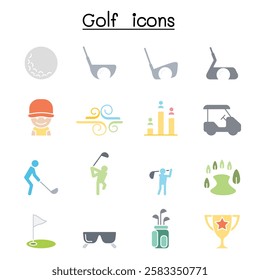 Golf icon set in flat color style