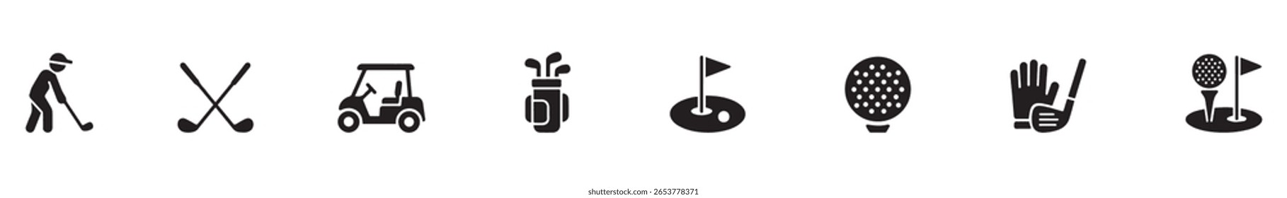 Golf icon set. Game of golf on the course. clubs hit balls into holes. Equipment and rules. Vector Illustration. 