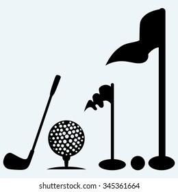 Golf icon set. Isolated on blue background. Vector silhouettes