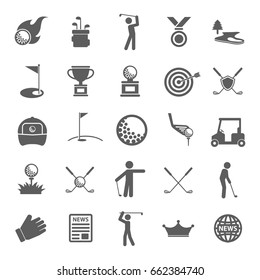 Golf icon set. Sport game, equipment and play, hole and flag, hobby activity, vector illustration