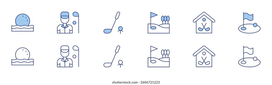 Golf icon set in two styles, Duotone and Thin Line style. Editable stroke. golf, golfer, golf field, golf course.