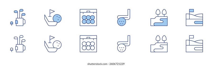 Golf icon set in two styles, Duotone and Thin Line style. Editable stroke. stick, ball, golf course.