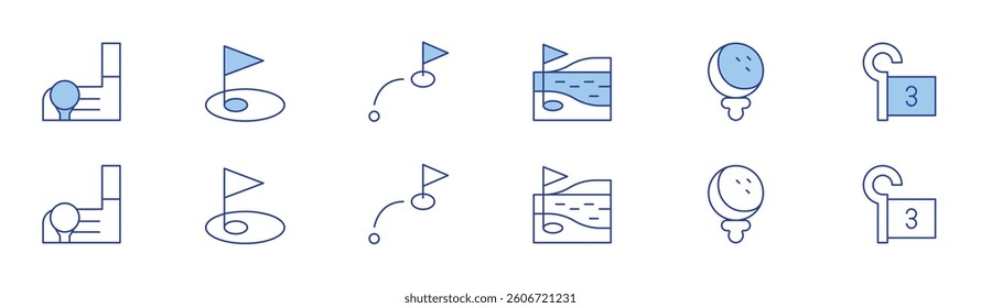 Golf icon set in two styles, Duotone and Thin Line style. Editable stroke. golf field, golf, flag, distance.