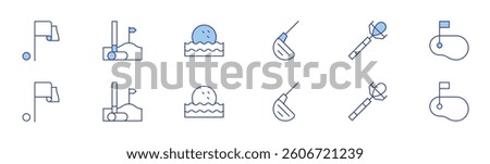 Golf icon set in two styles, Duotone and Thin Line style. Editable stroke. flag, iron, golf, golf ball, golf equipment, green.