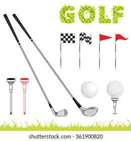 Golf icon set. Vector Set Golf Equipment Icons. Golf collection include: grass, bush, flag, hole,ball, tee, stick, club. Retro poster on sport theme